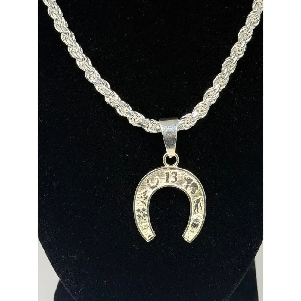 Sterling Silver 925 Lucky 13 Horseshoe Pendant Rope Chain Necklace Italy 19 Inch